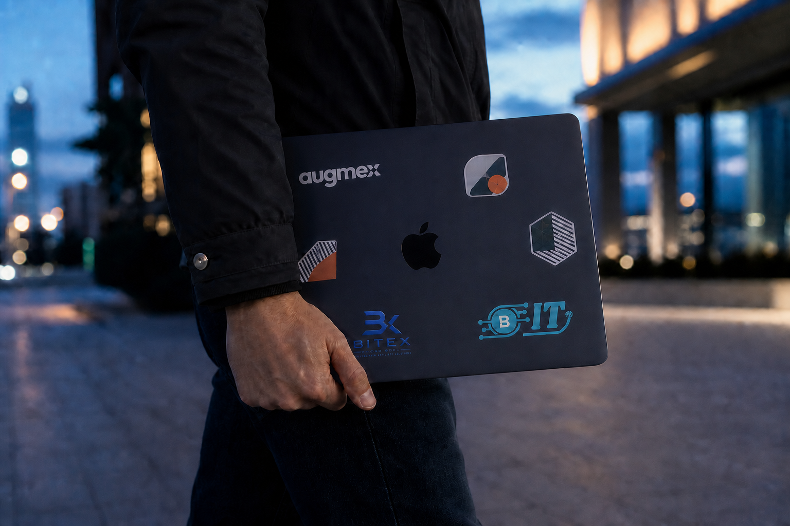 A Midnight MacBook with brand stickers being carried through a city